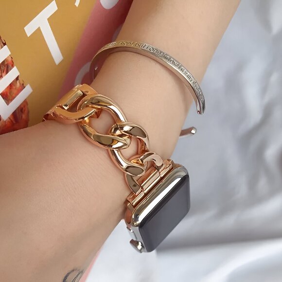 Apple Watch Band Adjustable Stylish Silver Stainless Chain Watch Band - Rosegold - Picture 11 of 12